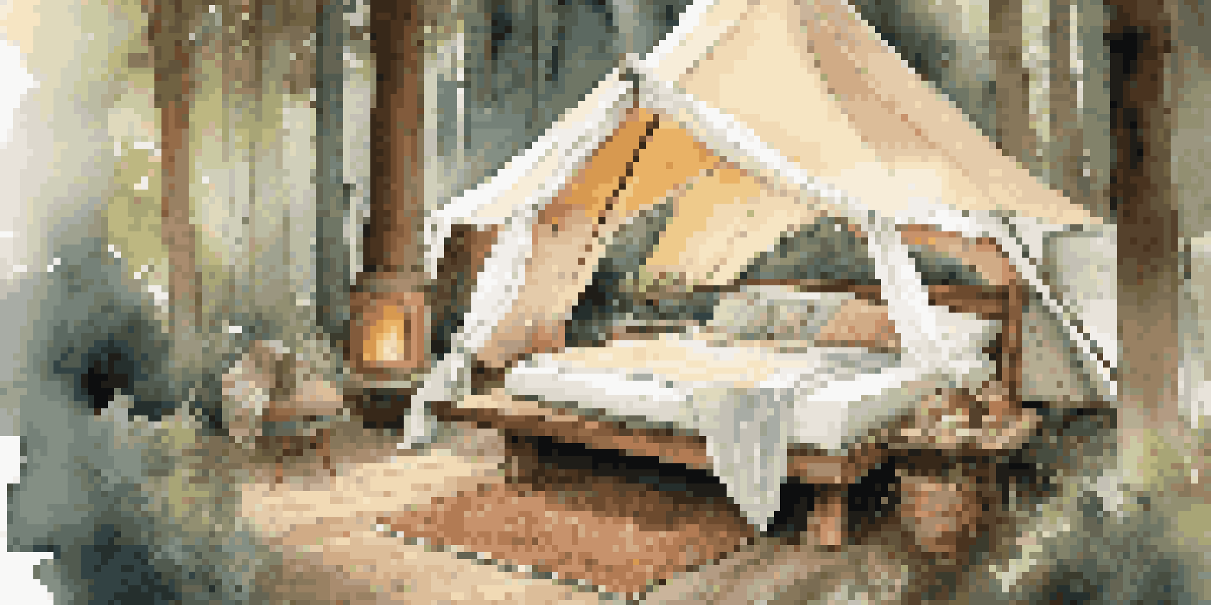 A cozy camping setup in the forest with a plush bed and beautifully arranged outdoor dining area, illuminated by fairy lights.