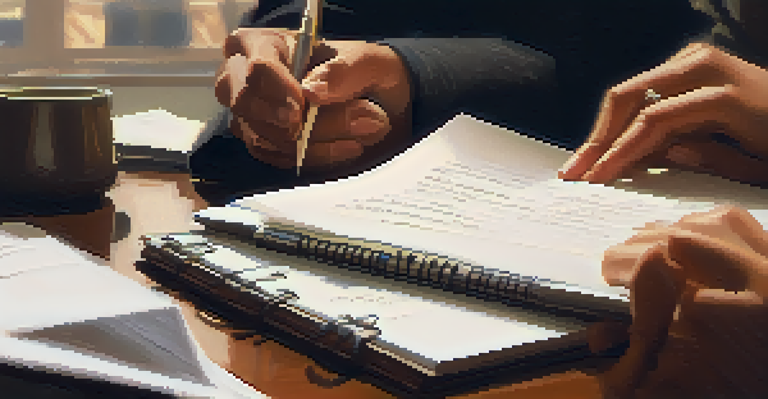 A close-up of a coach's hands holding a notepad, with a couple discussing in the background, set in a warm-toned room.