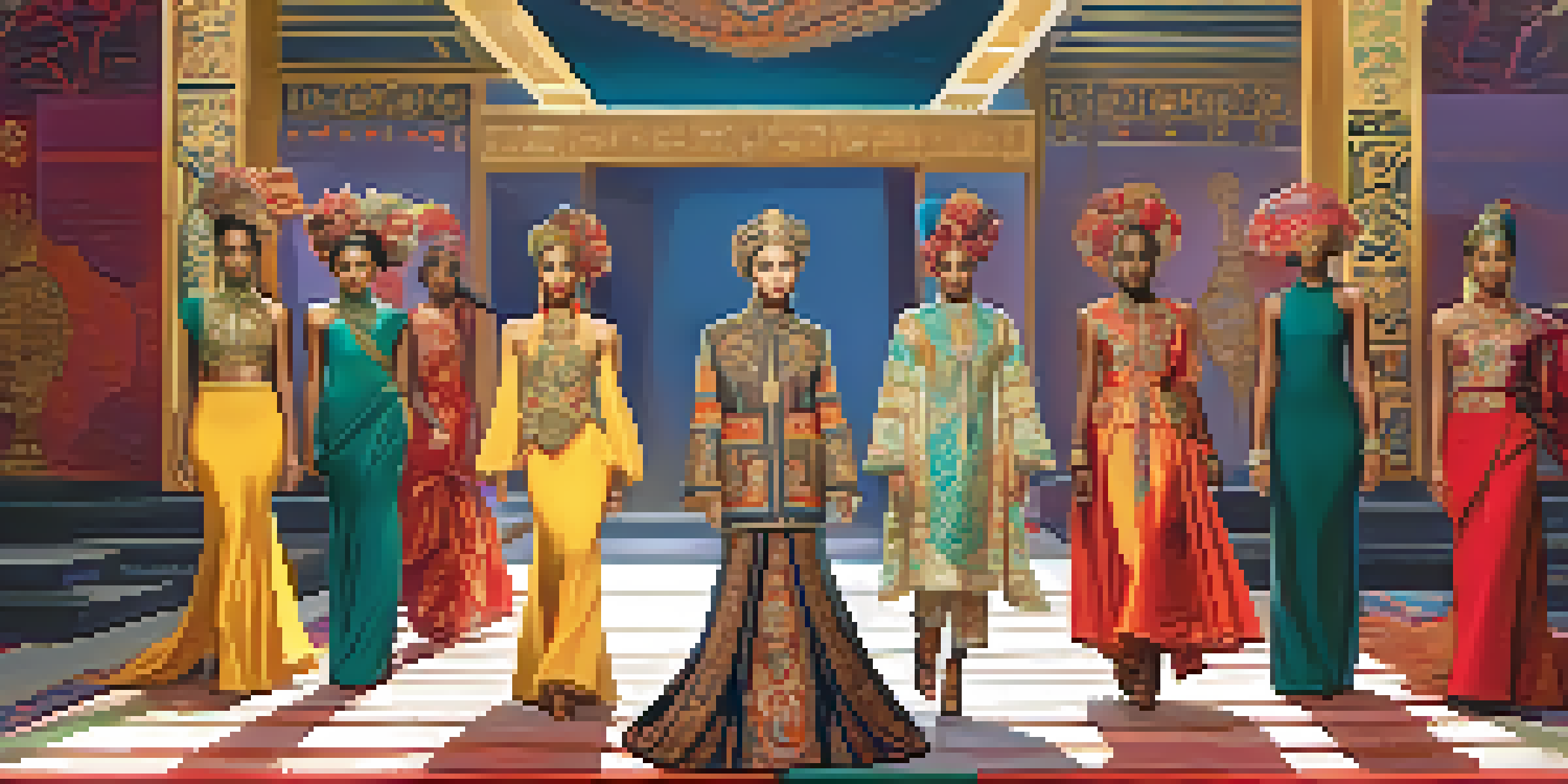 A fashion runway with diverse models displaying culturally inspired garments, featuring intricate embroidery, soft lighting, and a beautifully designed backdrop.