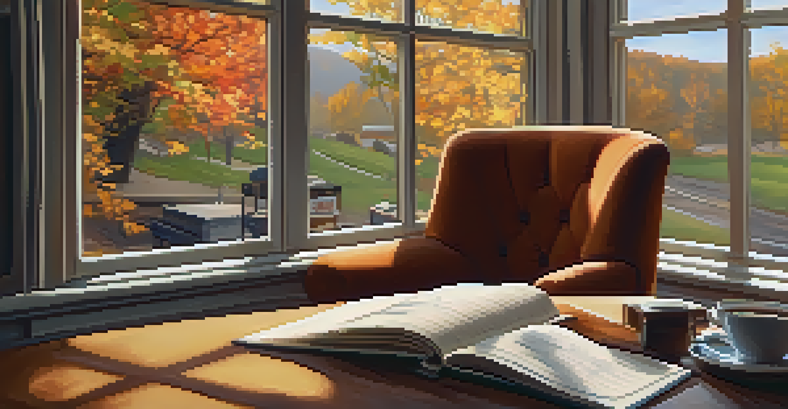 A cozy café interior featuring a warm armchair, a steaming cup of coffee, and an open journal by a window overlooking an autumn landscape.