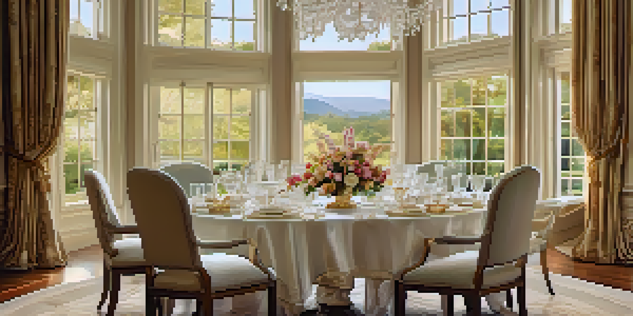 An elegant dining table set with fine china and crystal glassware, illuminated by soft natural light.
