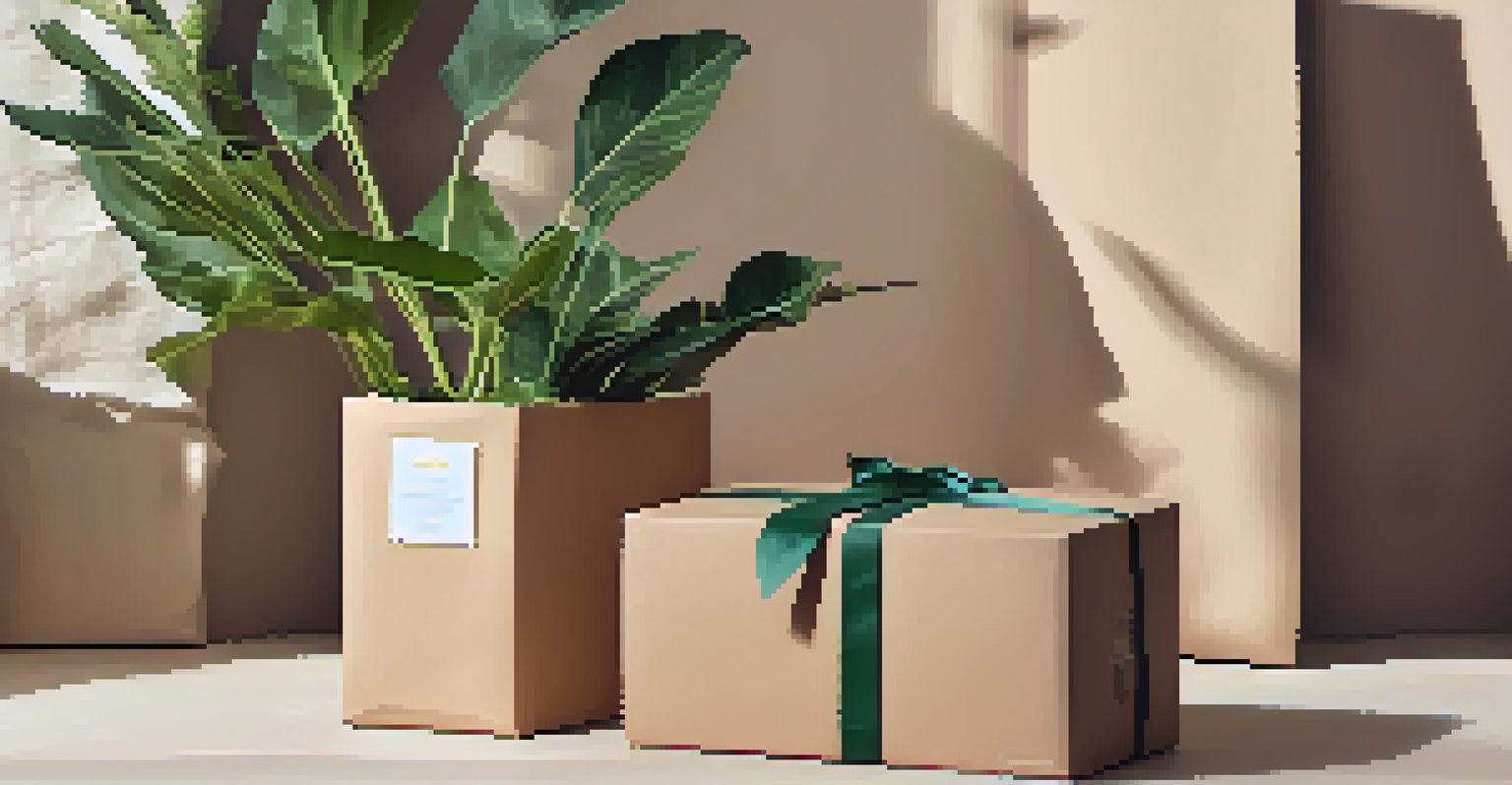A close-up view of an eco-friendly fashion rental package designed with natural textures and a vibrant ribbon, with a plant in the background.