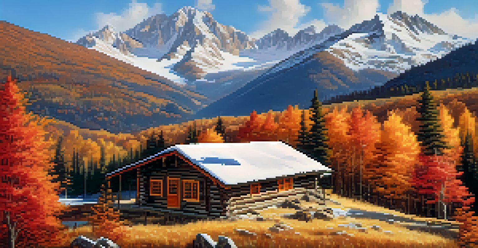 A picturesque autumn mountain landscape with vibrant fall foliage and a cozy cabin with smoke rising from the chimney.