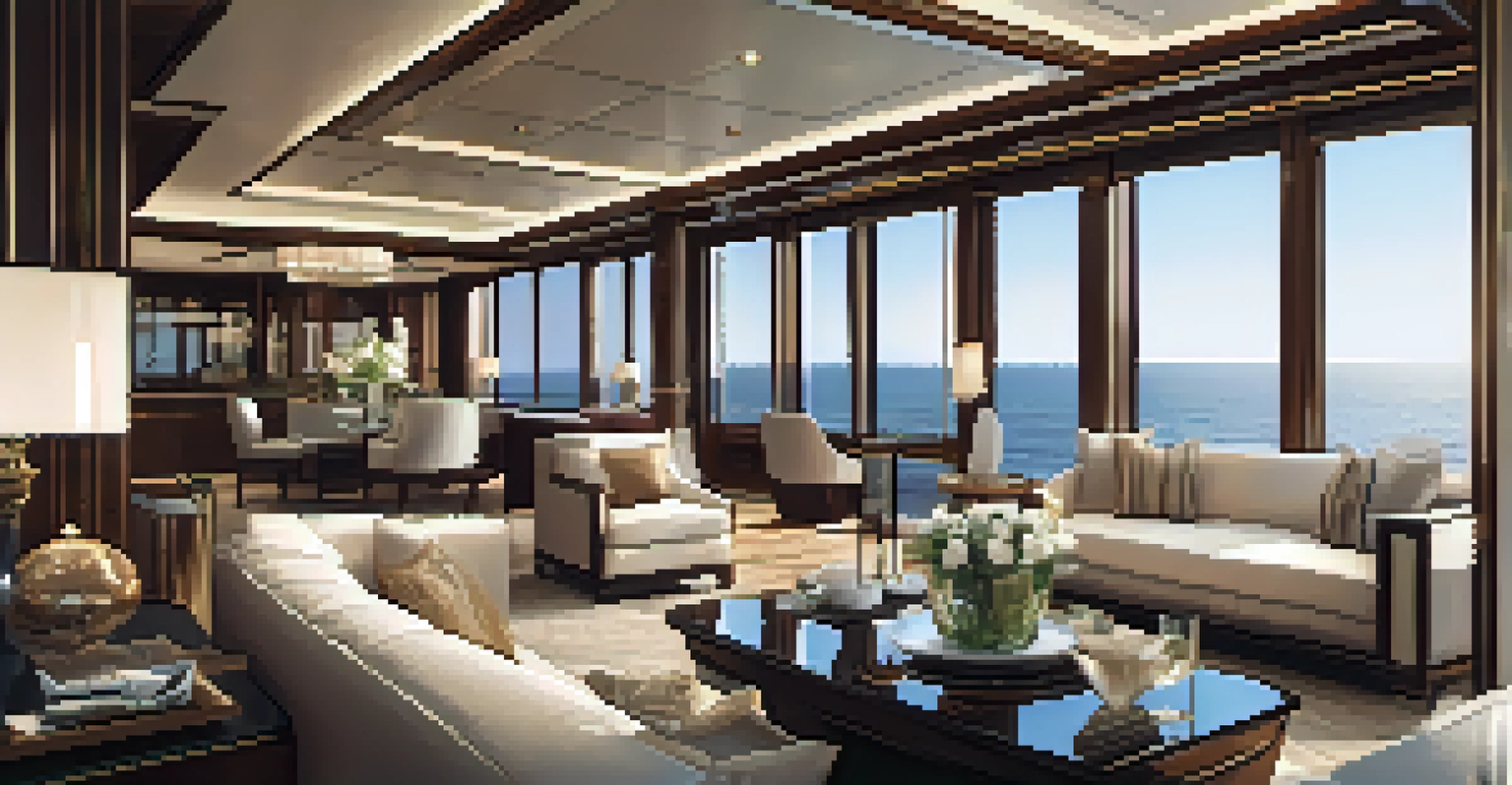 The luxurious interior of a yacht with modern furnishings, large windows, and a dining area, illuminated by warm lighting.