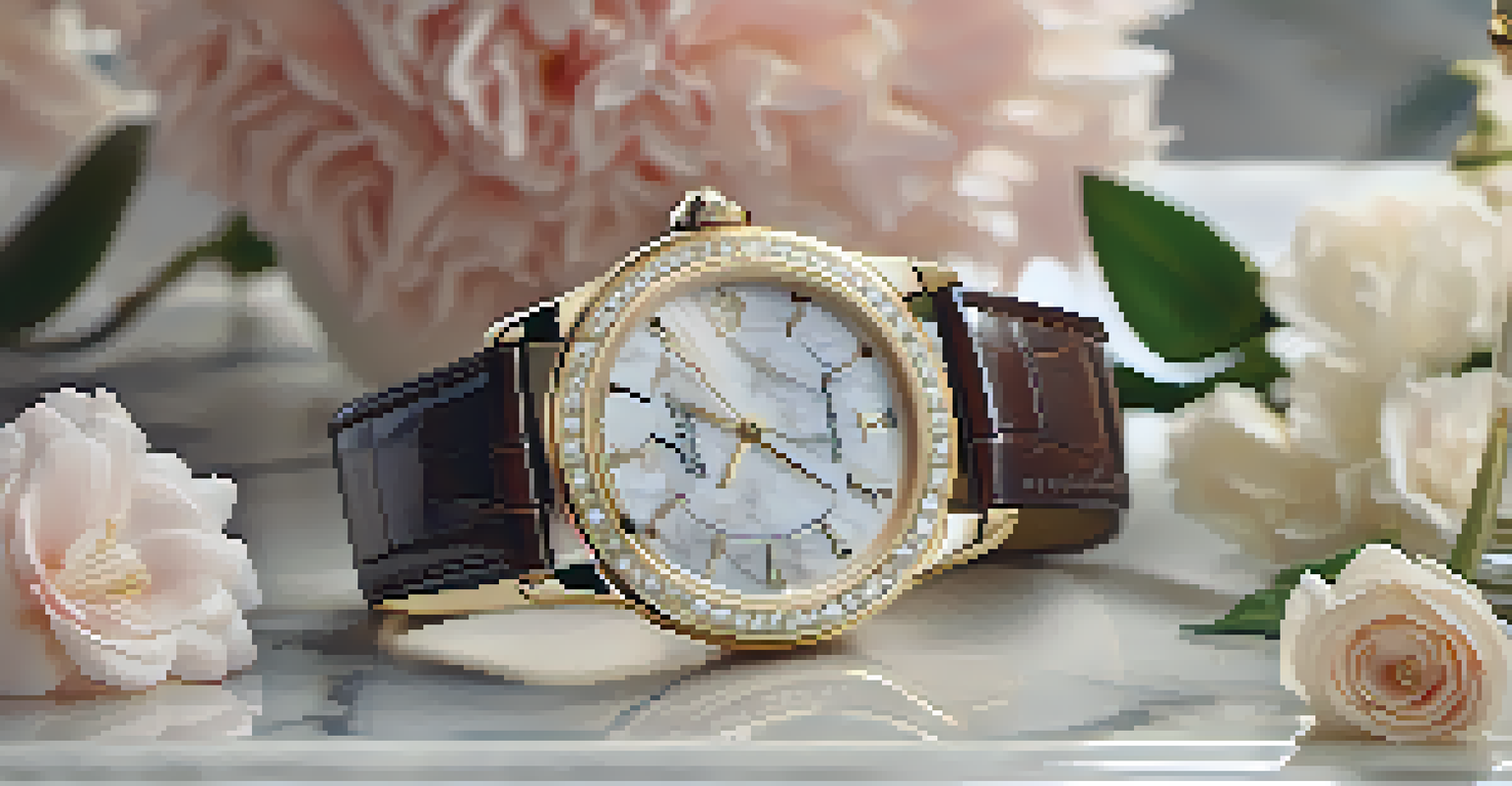 A luxury watch on a marble countertop surrounded by flowers, showcasing its intricate details.