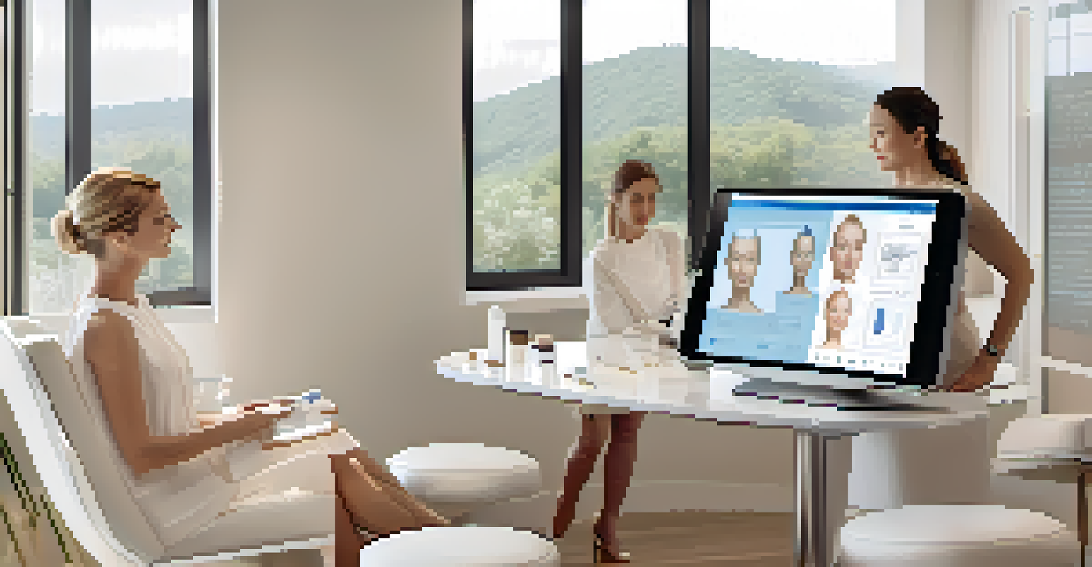 A skincare consultation scene with a digital skin analysis device and a skincare expert talking to a client in a bright room.