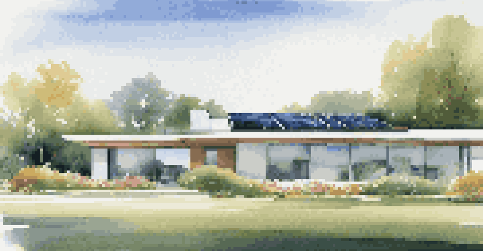 A modern home with sleek solar panels on the roof against a clear blue sky, surrounded by a beautiful garden.