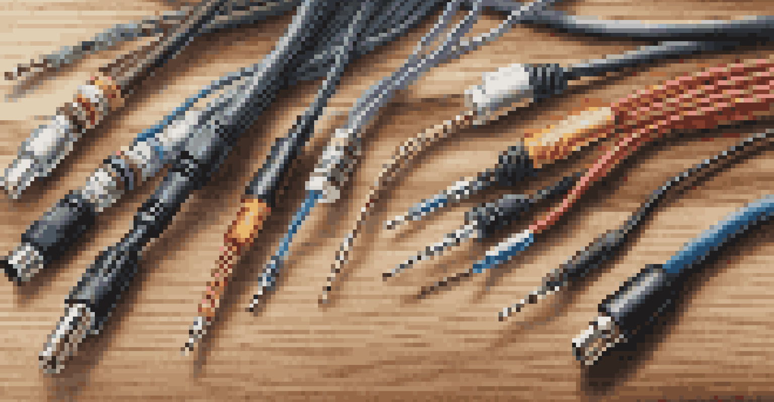 A close-up view of various high-quality audio cables and connectors on a wooden table, showcasing their intricate designs and textures.