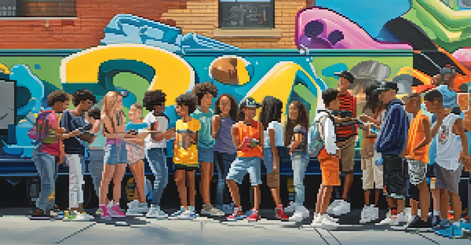 A lively street scene with young collectors discussing their items against a backdrop of graffiti and social media posts.