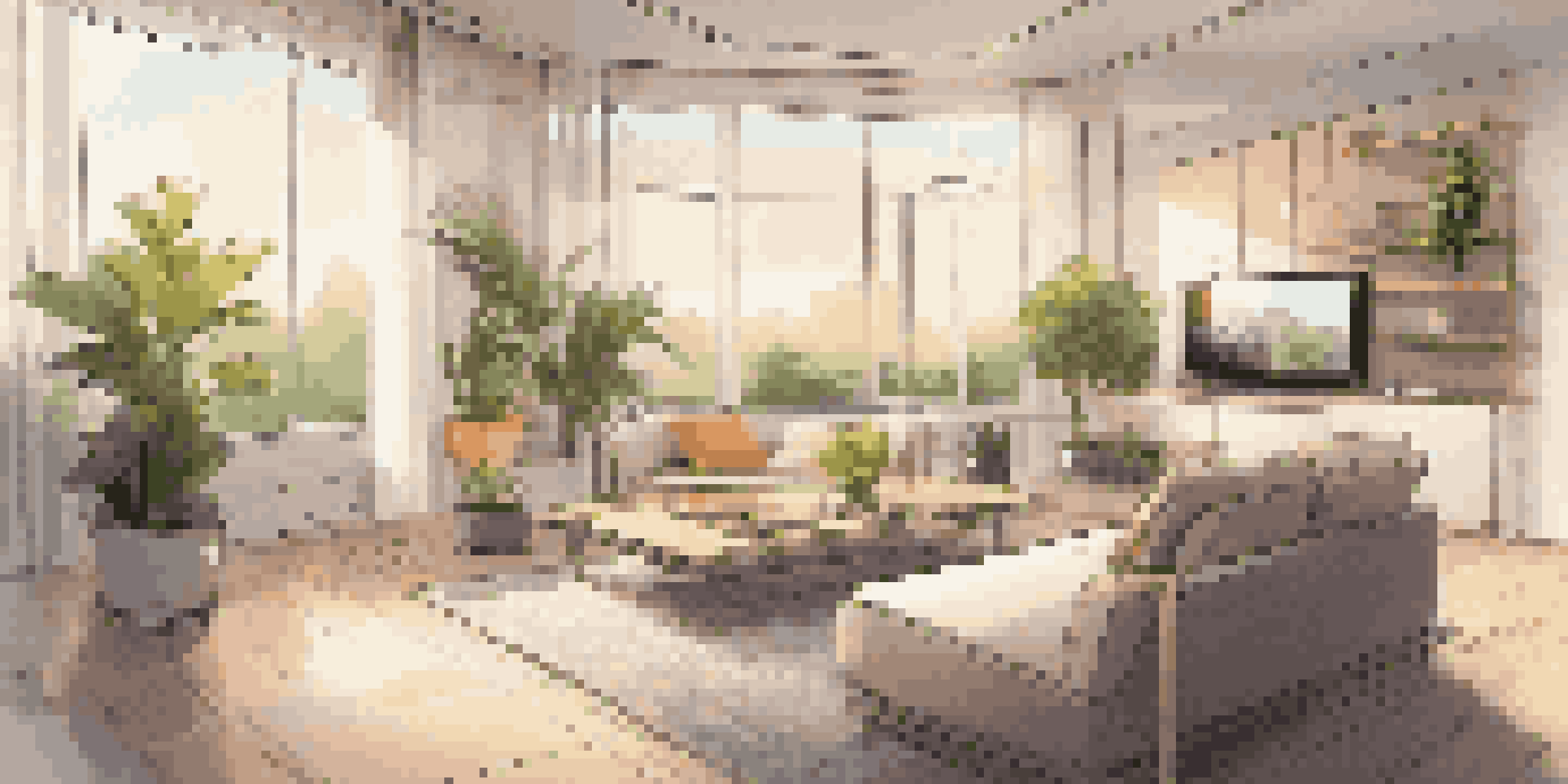 A modern living room with smart home technology, featuring a sleek TV and ambient lighting.