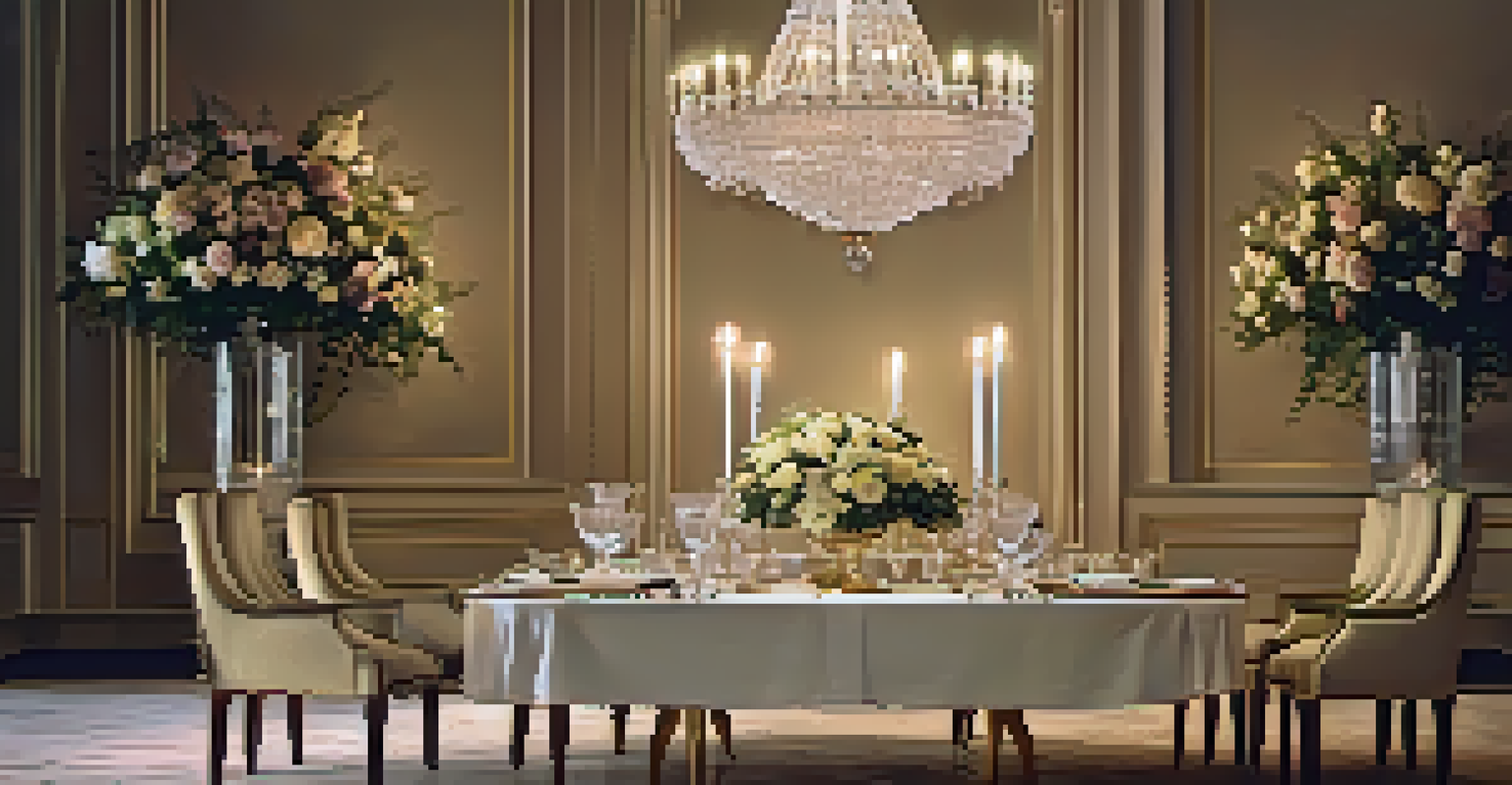 A beautifully arranged dining table with fine china and candlelight in a luxurious setting.