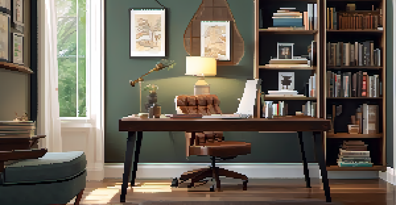 A cozy home office corner with warm lighting from a vintage-style lamp, a comfortable chair, and decorative elements.