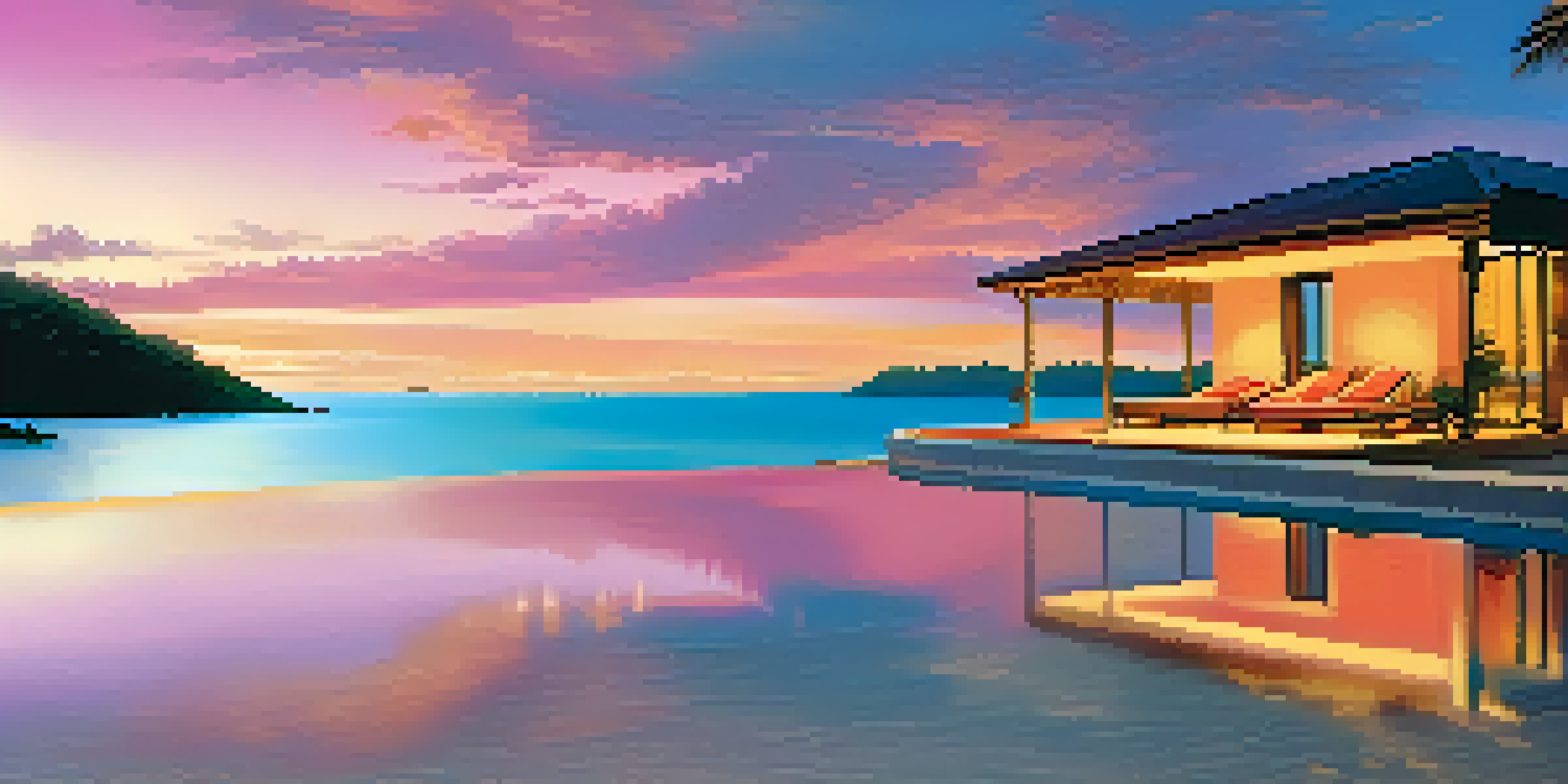 A luxurious beachfront bungalow with an infinity pool at sunset, surrounded by palm trees and overlooking turquoise waters.