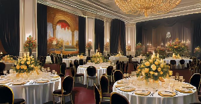 A lavish charity gala with guests in formal wear, golden chandeliers, and a prominent banner for educational initiatives.