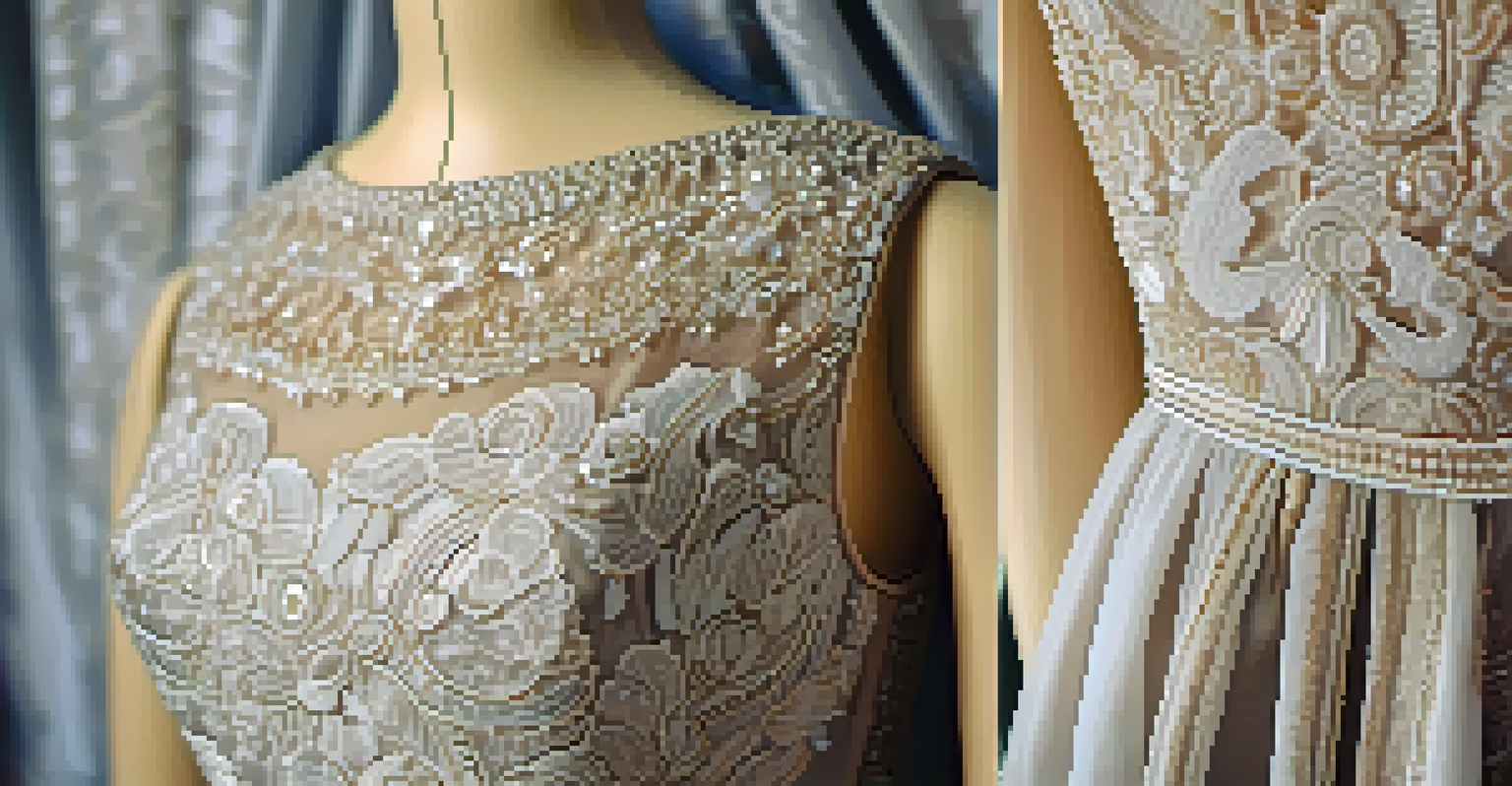 A close-up of a luxurious vintage dress with intricate beadwork and textures, beautifully illuminated to showcase its craftsmanship.