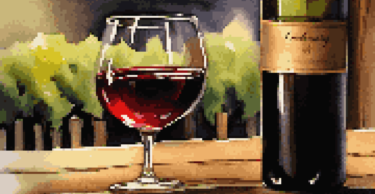 A close-up of a red wine glass filled with Cabernet Sauvignon, with a blurred vineyard and oak barrels in the background.