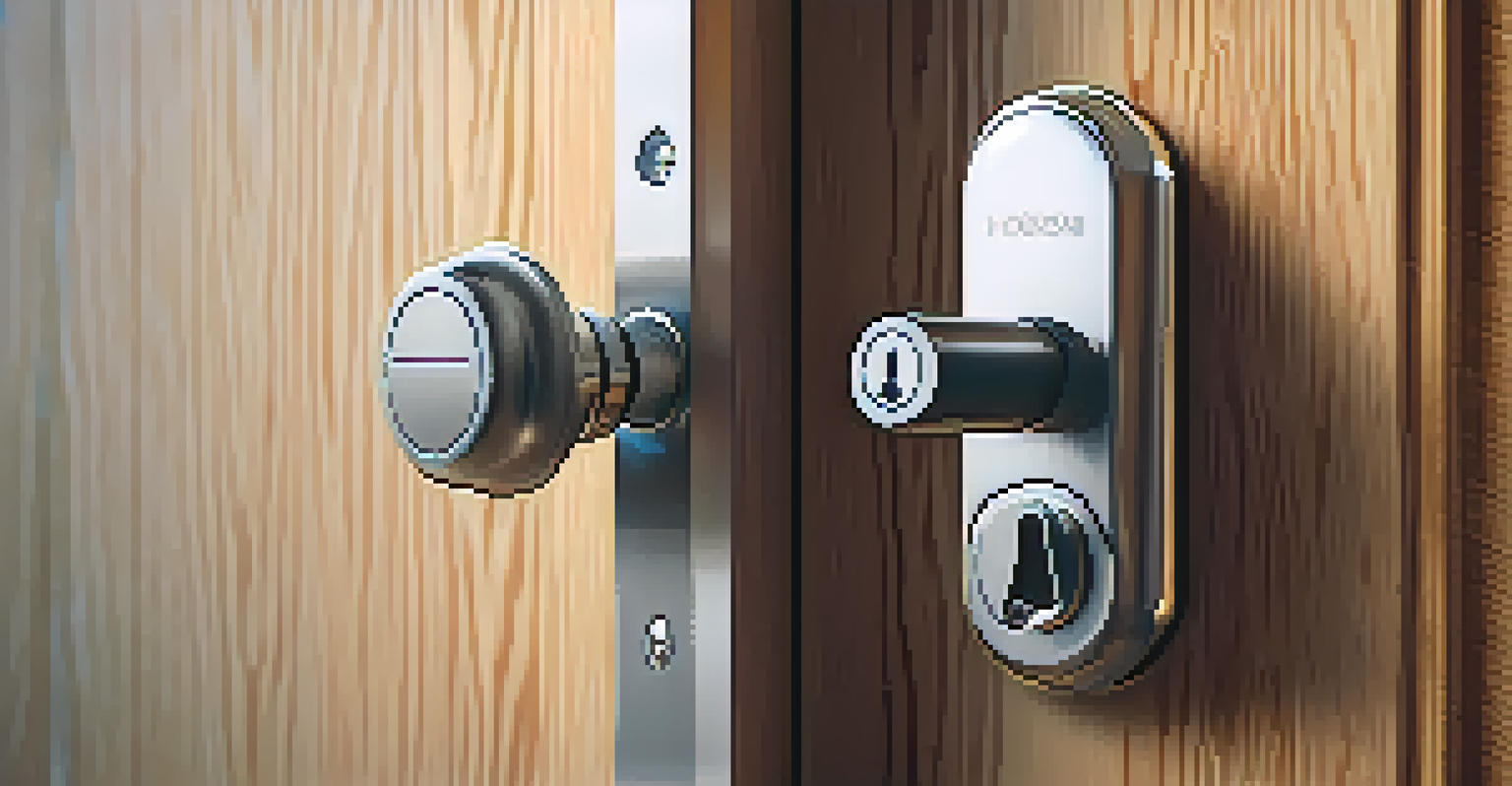 A close-up of a biometric fingerprint door lock on a stylish wooden door.