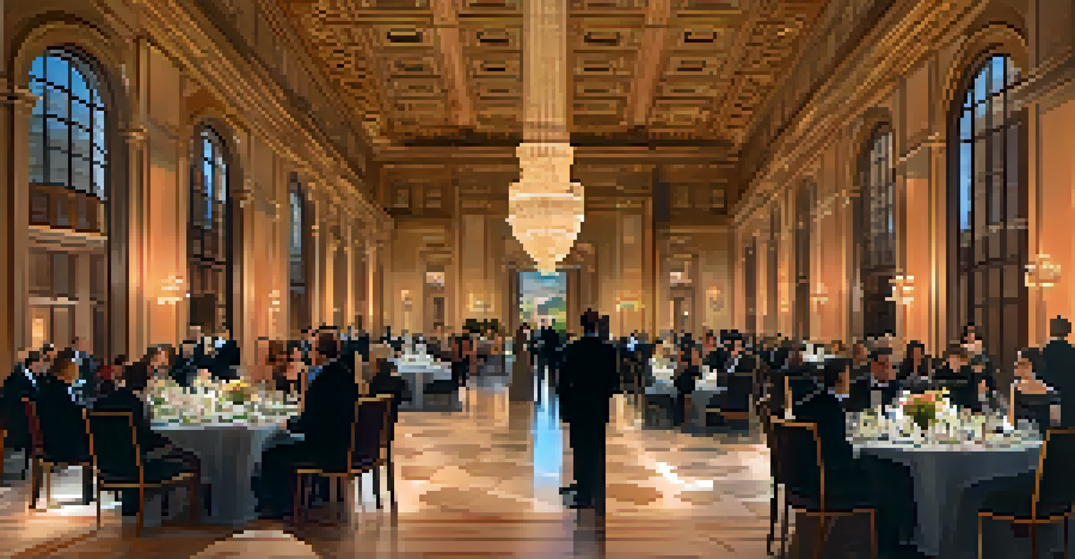 An elegant museum event in a grand hall, with guests dining and art pieces displayed in a beautifully lit space.