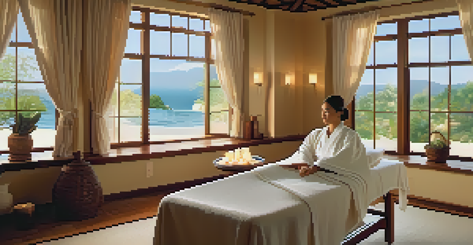 A calming spa room with a person receiving a massage, soft candles, and a view of nature outside.