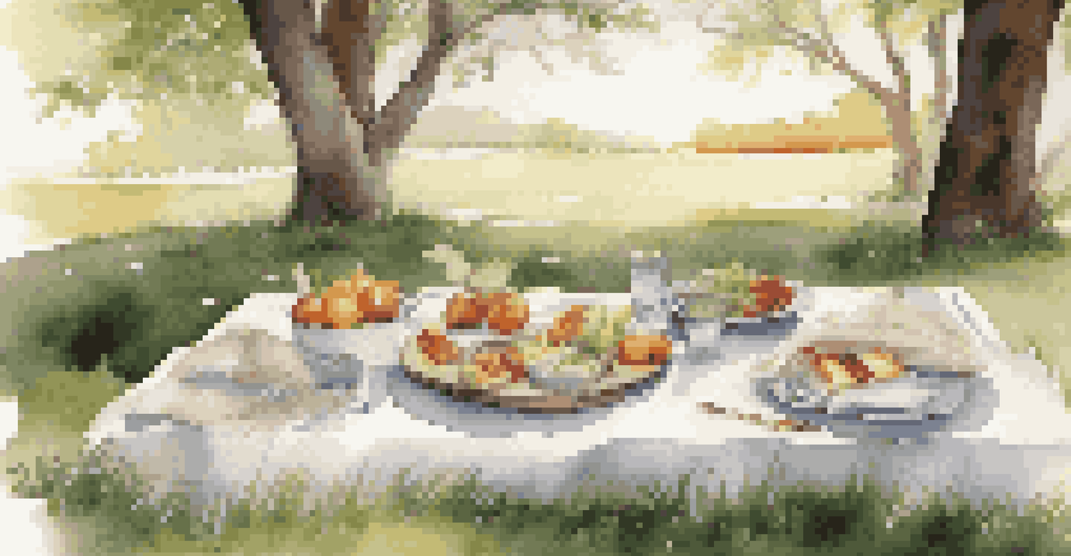An outdoor picnic setup with sustainable tableware and organic food on a blanket in a natural setting.