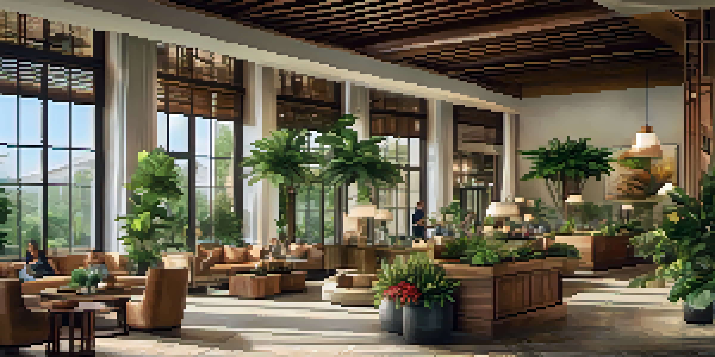 A vibrant hotel lobby with natural wood and green plants, where guests interact with local artisans displaying handmade crafts.