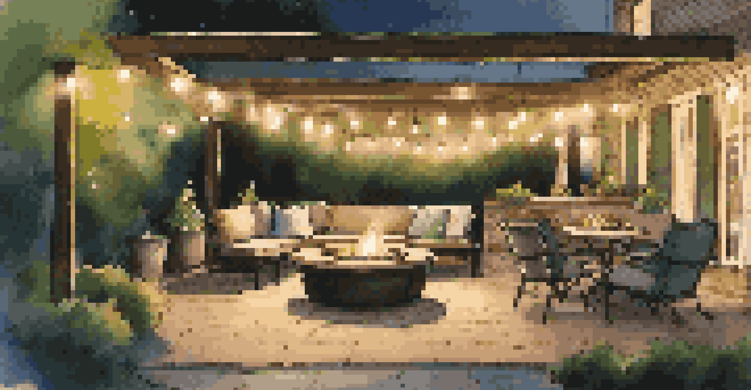 An outdoor patio with ambient smart lighting, cozy seating, and string lights, creating an inviting evening gathering space.