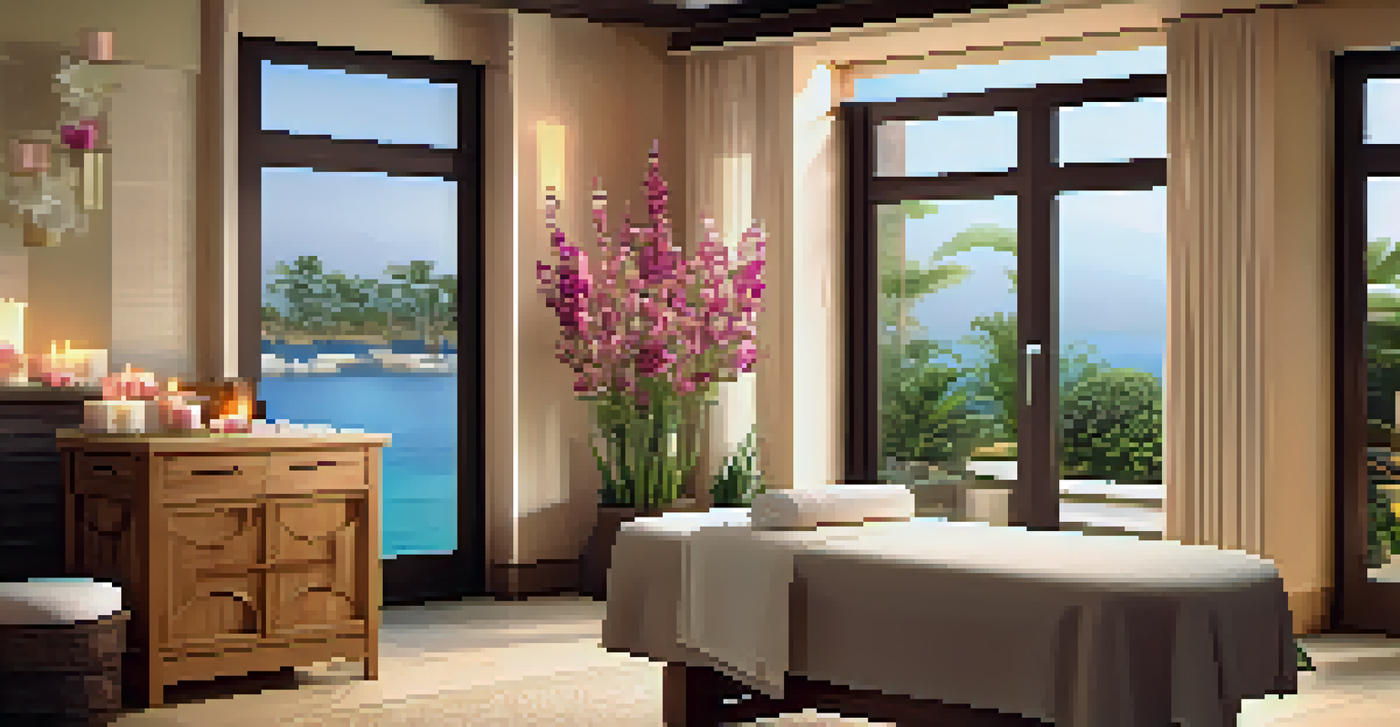 A luxurious spa treatment room with a massage table, fresh flowers, and soothing decor, designed for relaxation.