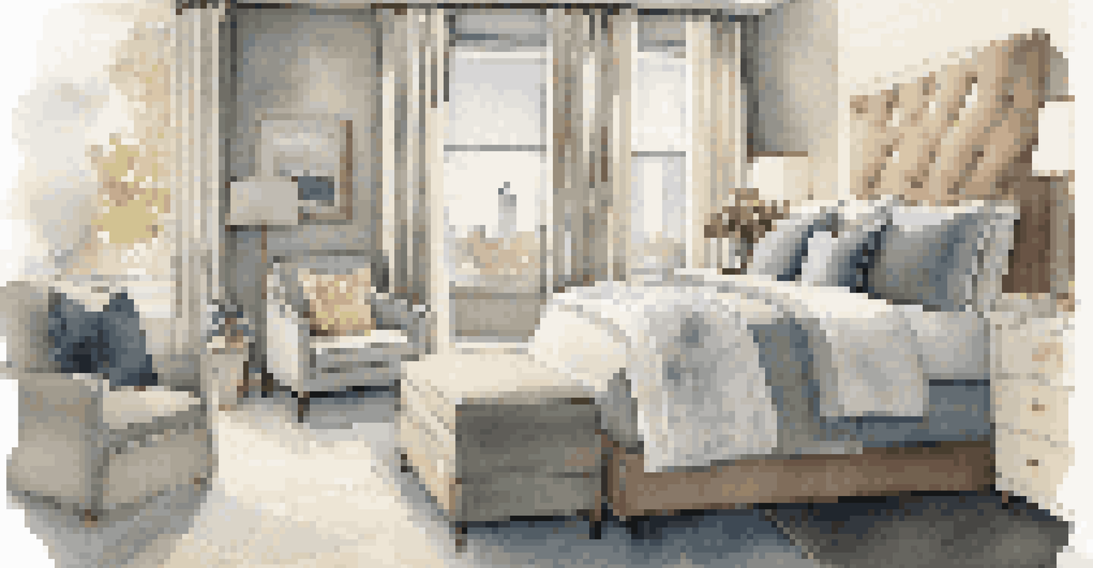 A serene bedroom with a skyline-patterned duvet, calming wall colors, and cozy seating with soft lighting.