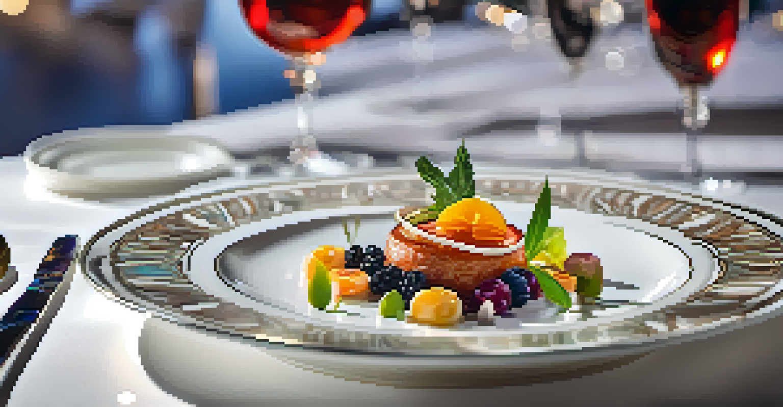 A close-up of an exquisite gourmet dish with vibrant colors and intricate plating on fine china, accompanied by a glass of wine.