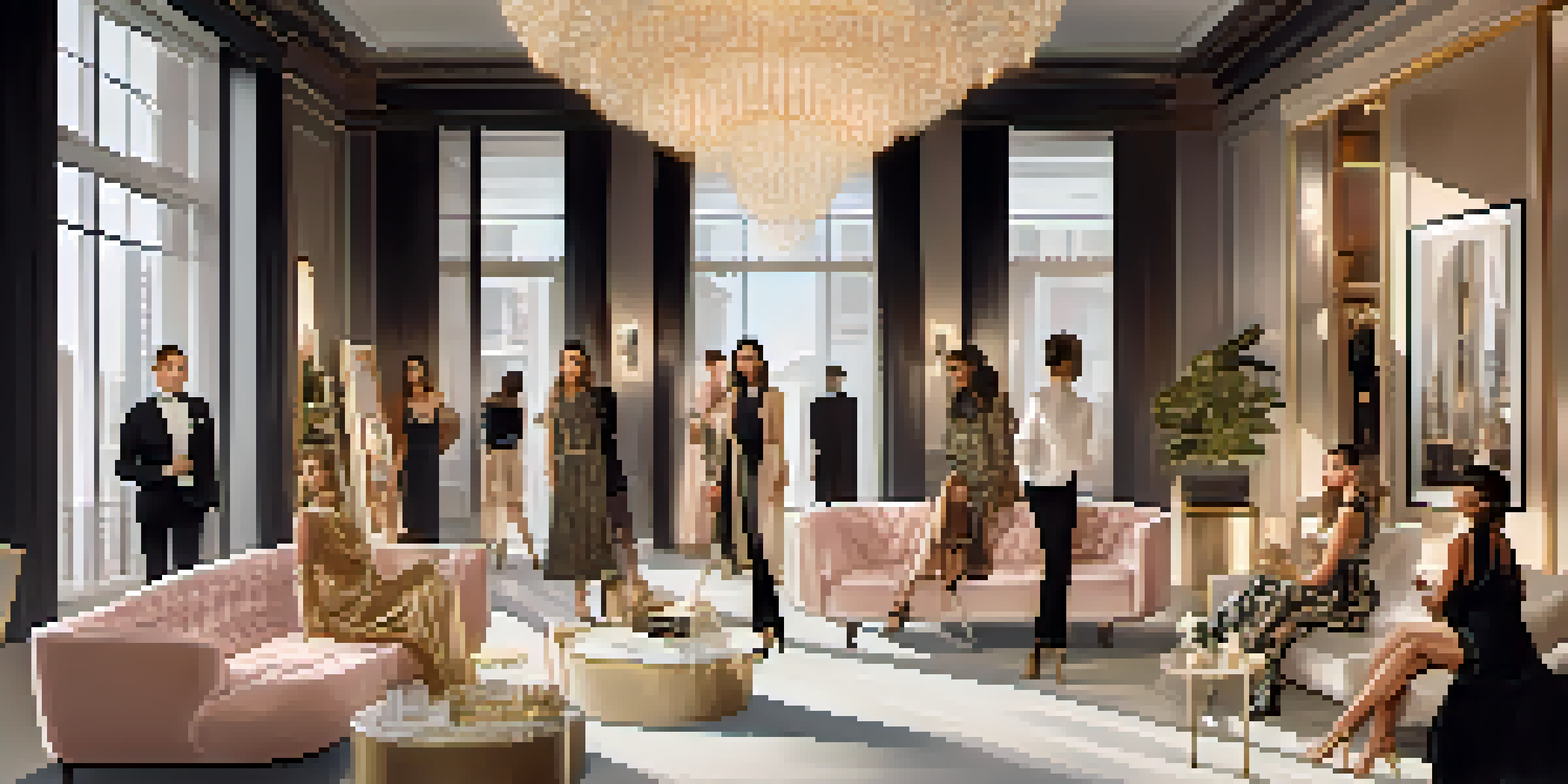 A stylish influencer at a luxury fashion brand's pop-up event, with elegant décor and products, illuminated by soft golden hour lighting.