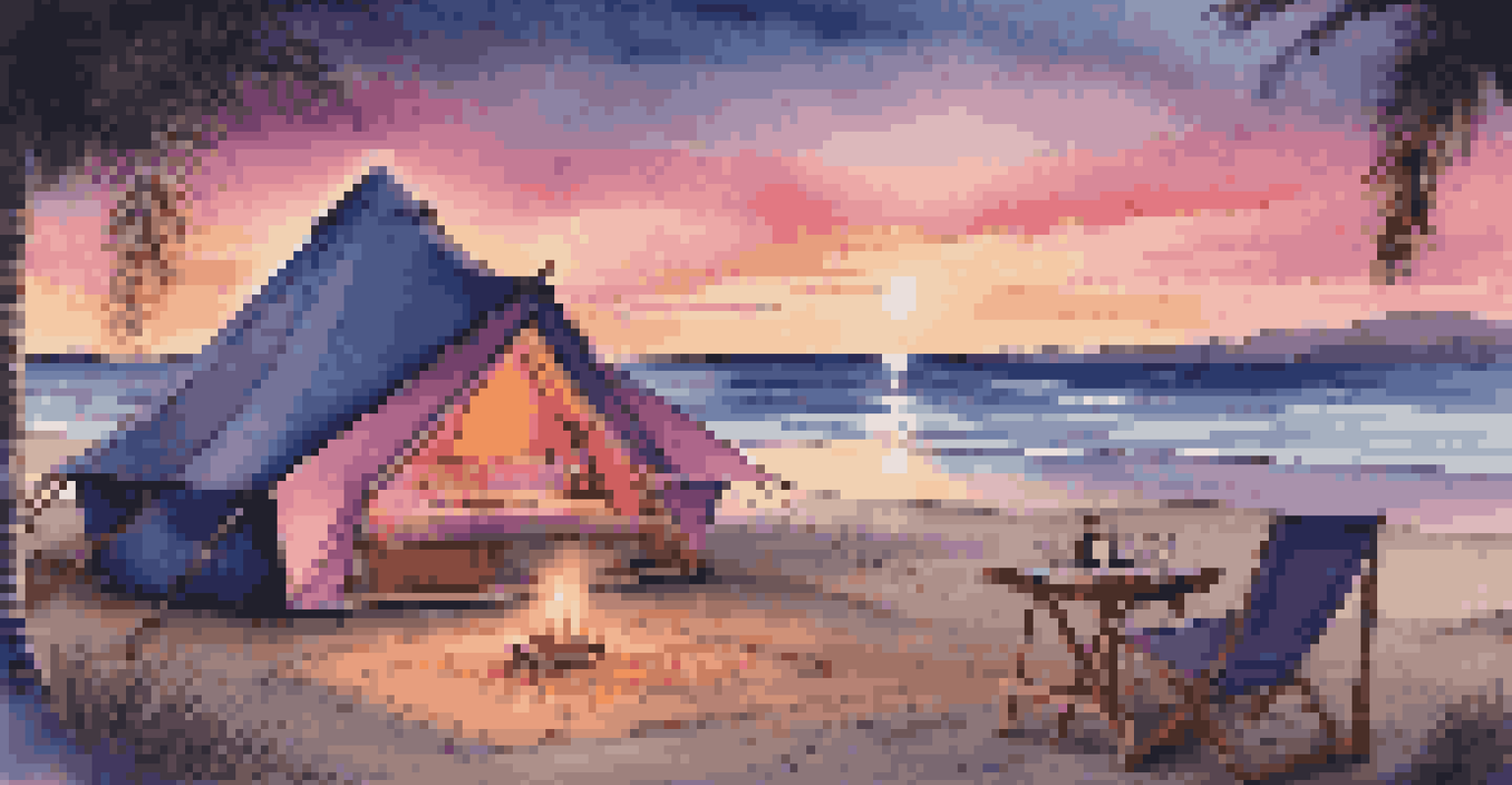 A romantic glamping setup on a beach at dusk with a tent, a table for two, and a beautiful sunset over the ocean.