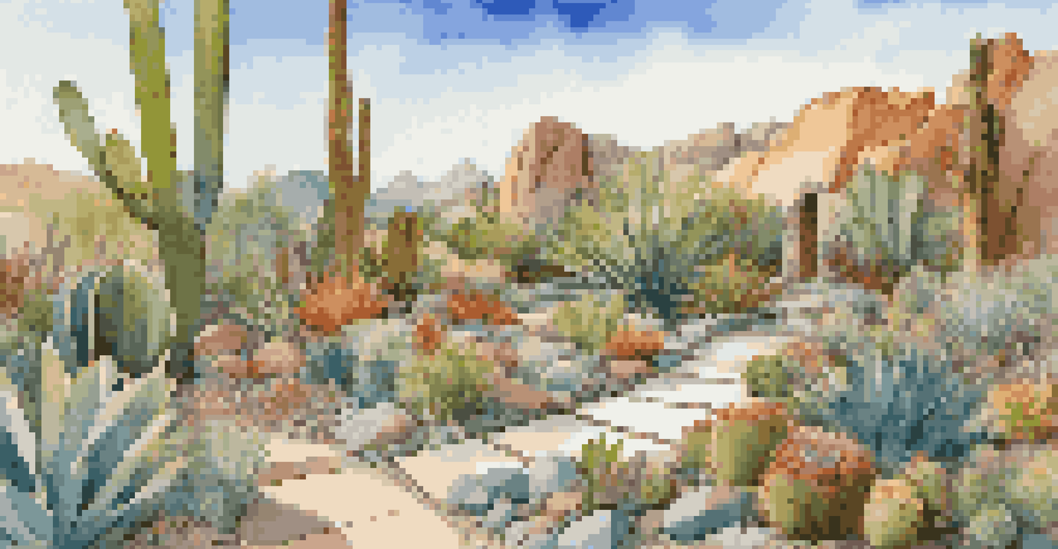 A xeriscaped luxury garden with colorful cacti and succulents, gravel pathways, and a decorative rainwater harvesting system.