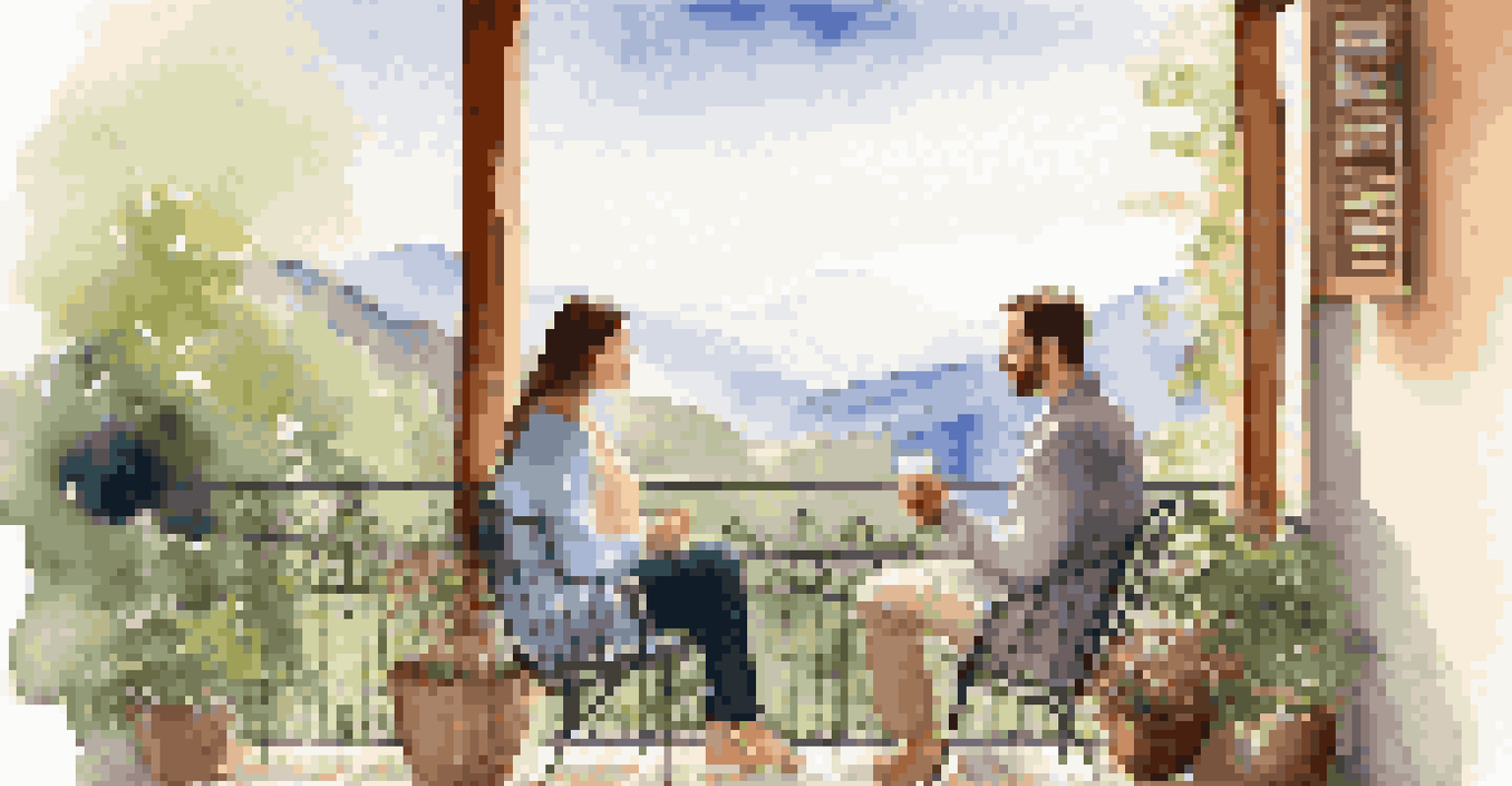 A couple sitting on a balcony with a mountain view, engaged in conversation, surrounded by greenery and cozy ambiance.