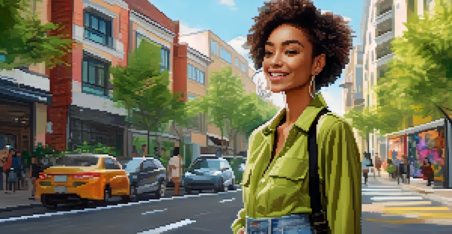 A stylish influencer in eco-friendly fashion, standing in an urban setting with greenery and street art.