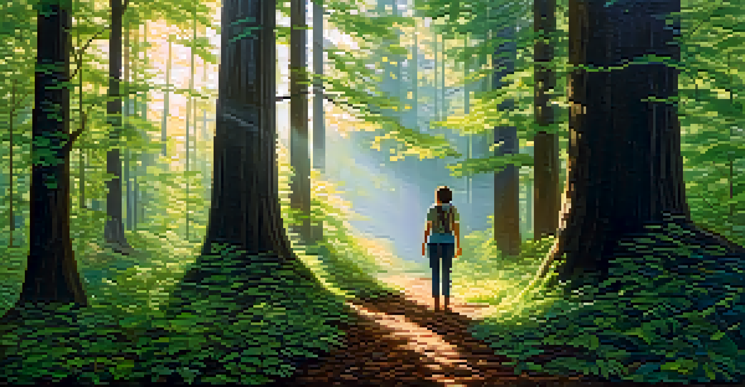 A person practicing forest bathing in a tranquil forest, surrounded by tall trees and dappled sunlight.