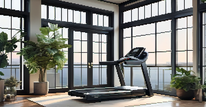 A modern home gym with high-tech fitness equipment, bright natural light, and stylish decor.