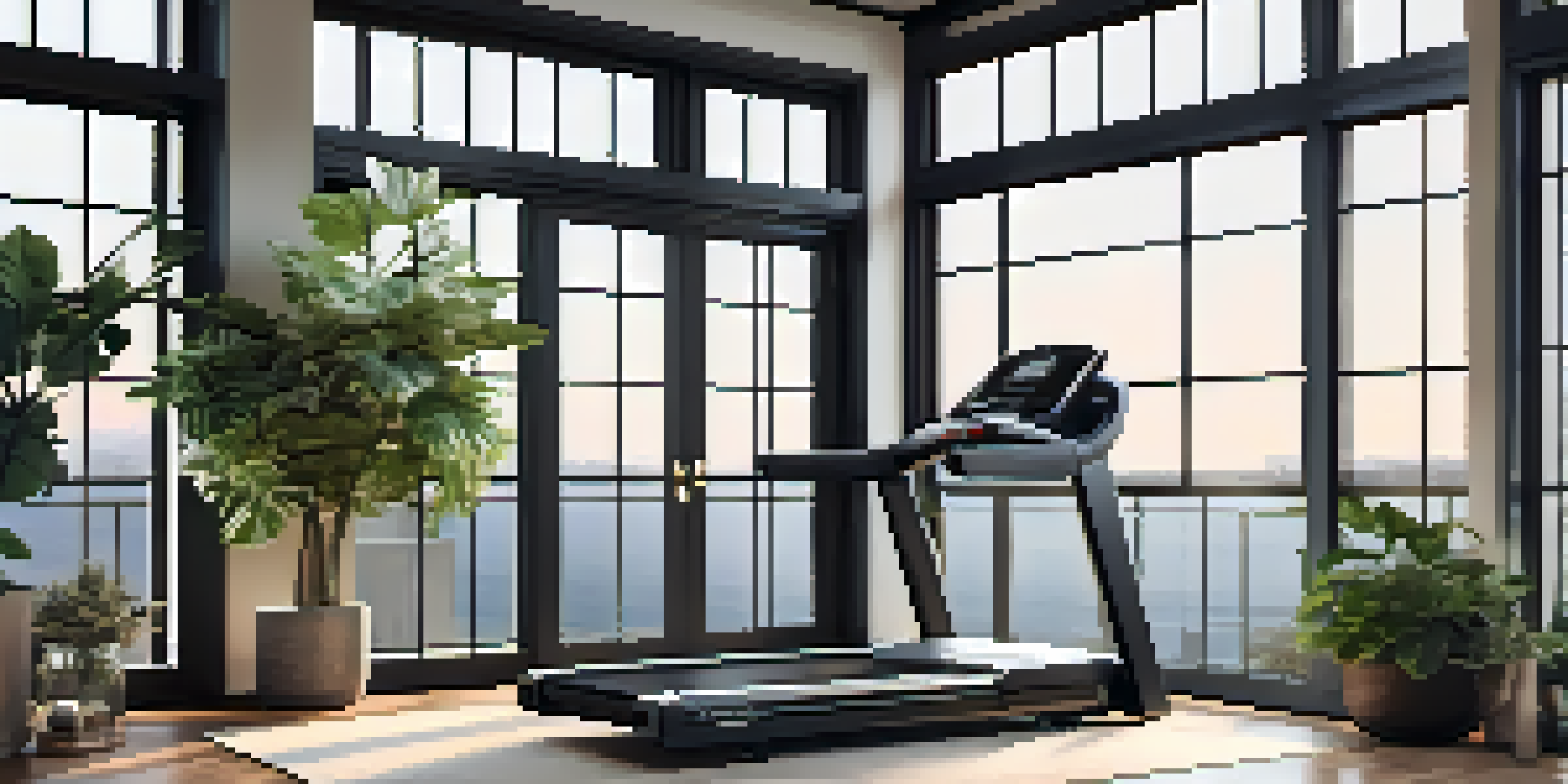 A modern home gym with high-tech fitness equipment, bright natural light, and stylish decor.