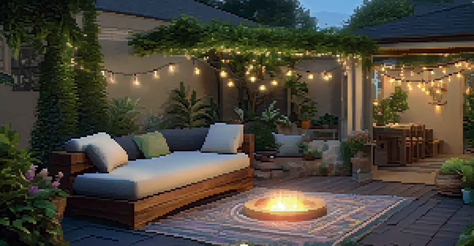 A tranquil outdoor lounge with a bubbling fountain, greenery, and a hammock under softly glowing lights.