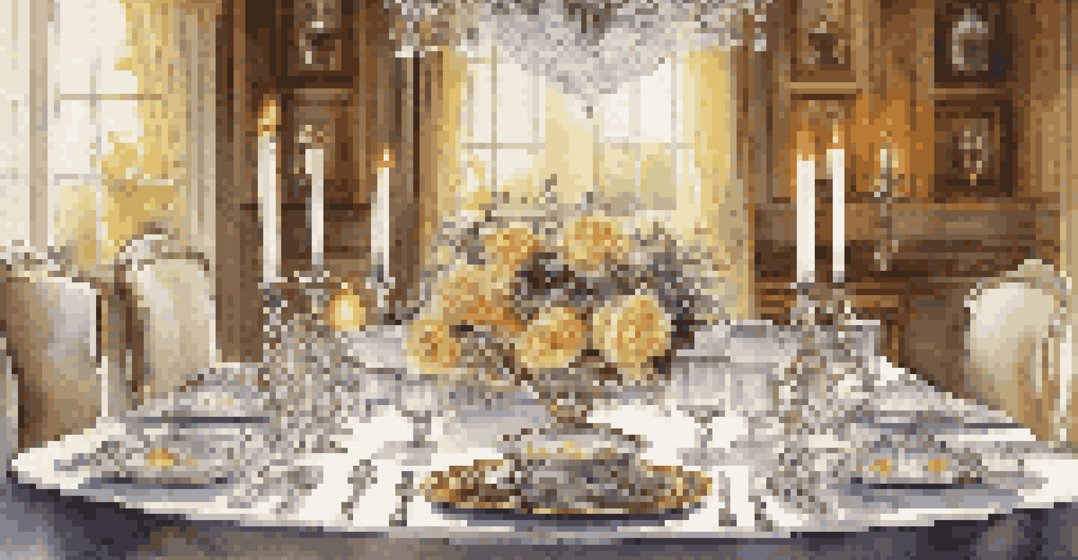 An elegant dining table set for a gourmet meal with fine china, crystal glassware, and fresh flowers, illuminated by warm candlelight.