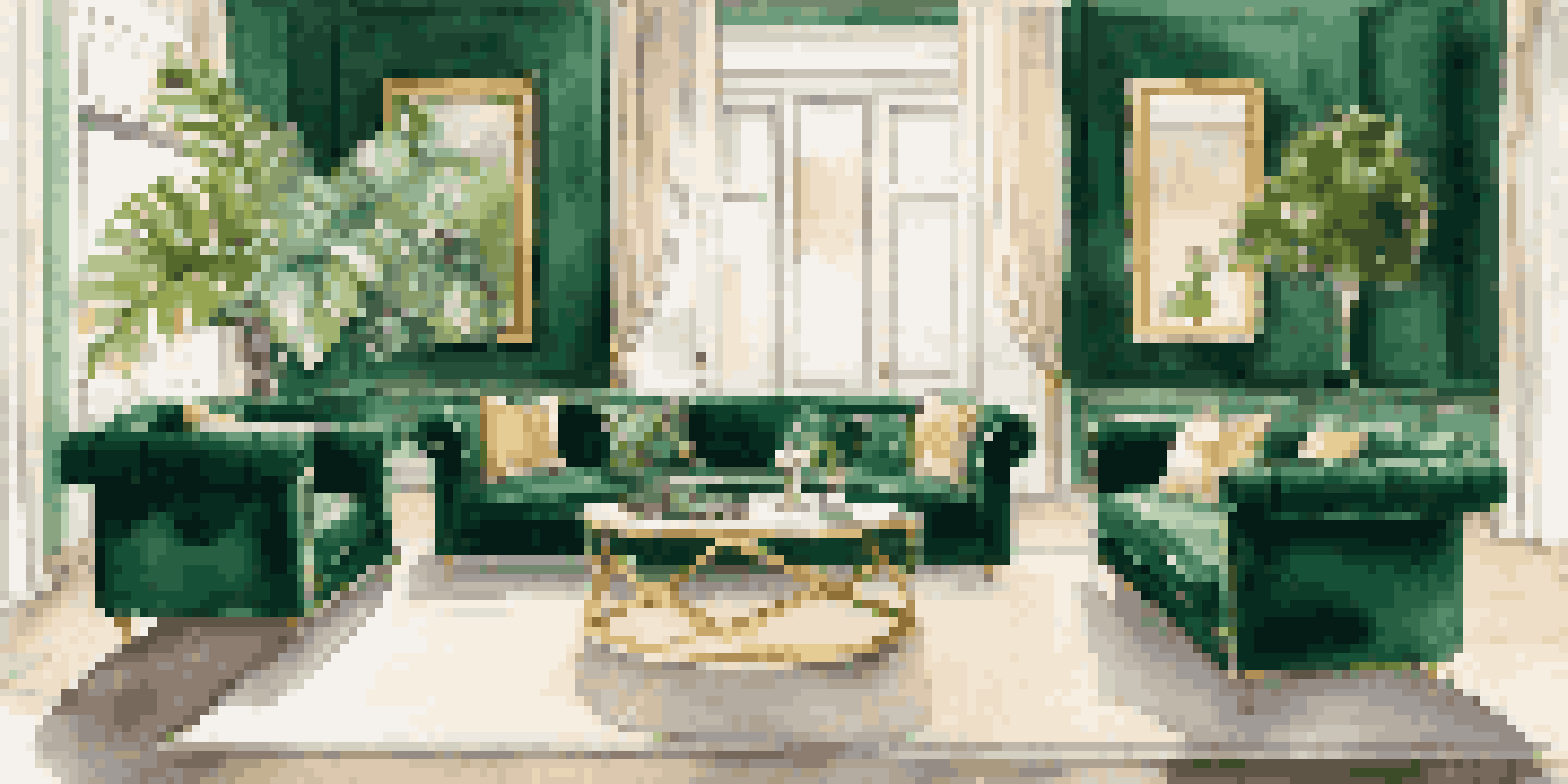 A luxurious living room with an emerald green velvet sofa, marble coffee table, and large window filled with natural light.