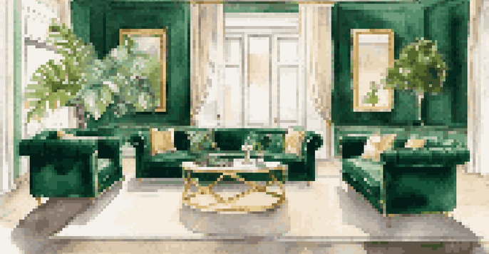A luxurious living room with an emerald green velvet sofa, marble coffee table, and large window filled with natural light.