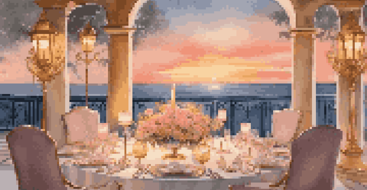 An outdoor terrace dinner setup with fine dining elements, overlooking a sunset by the ocean.