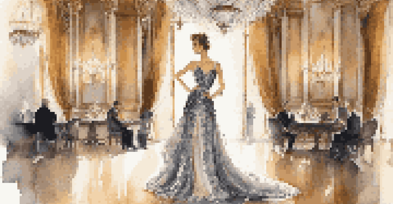 A fashion model in a designer gown posing in a grand ballroom filled with chandeliers and luxurious decor, illuminated by soft lighting.