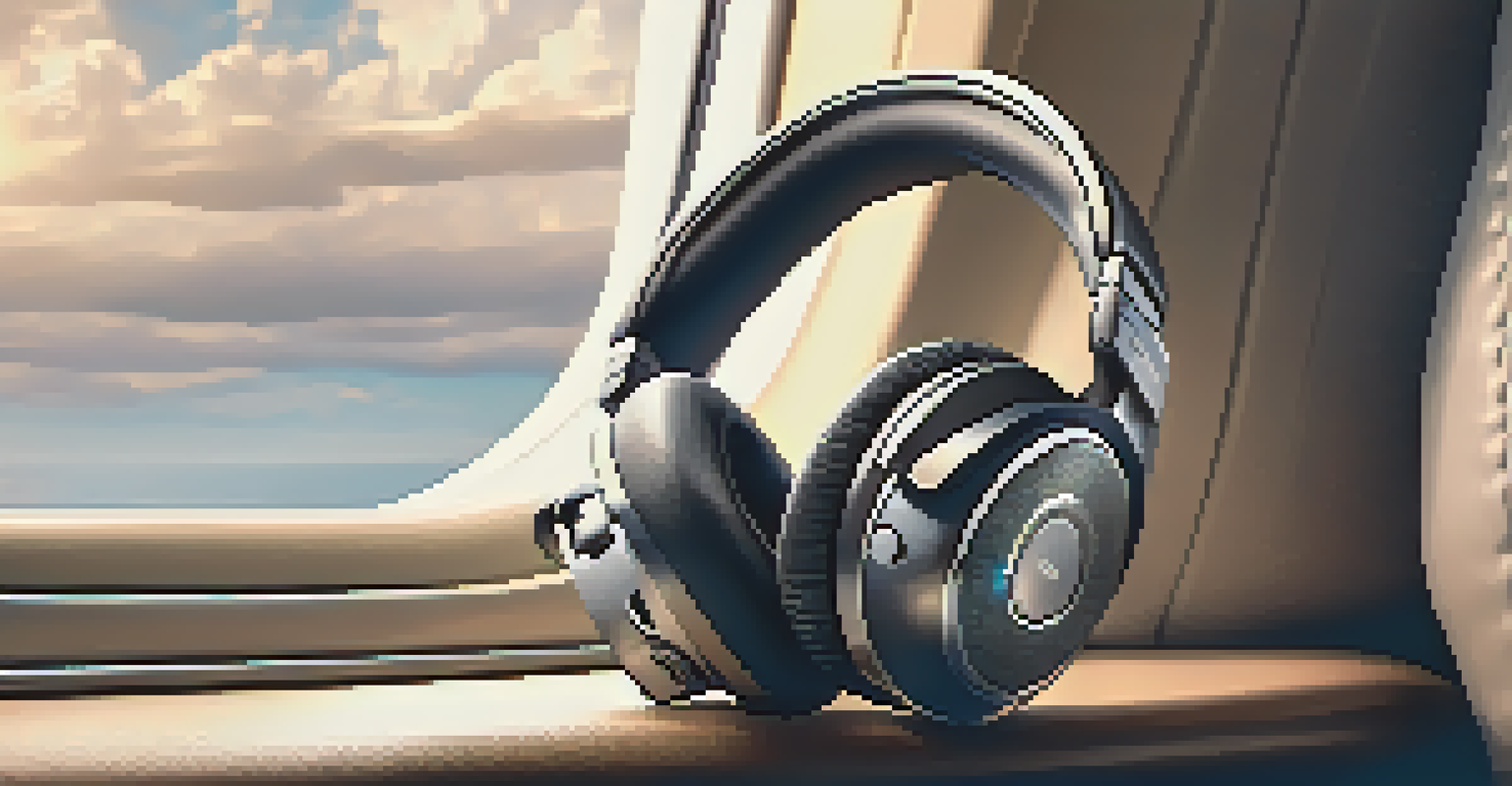 Noise-canceling headphones on an airplane seat with a view of clouds outside.
