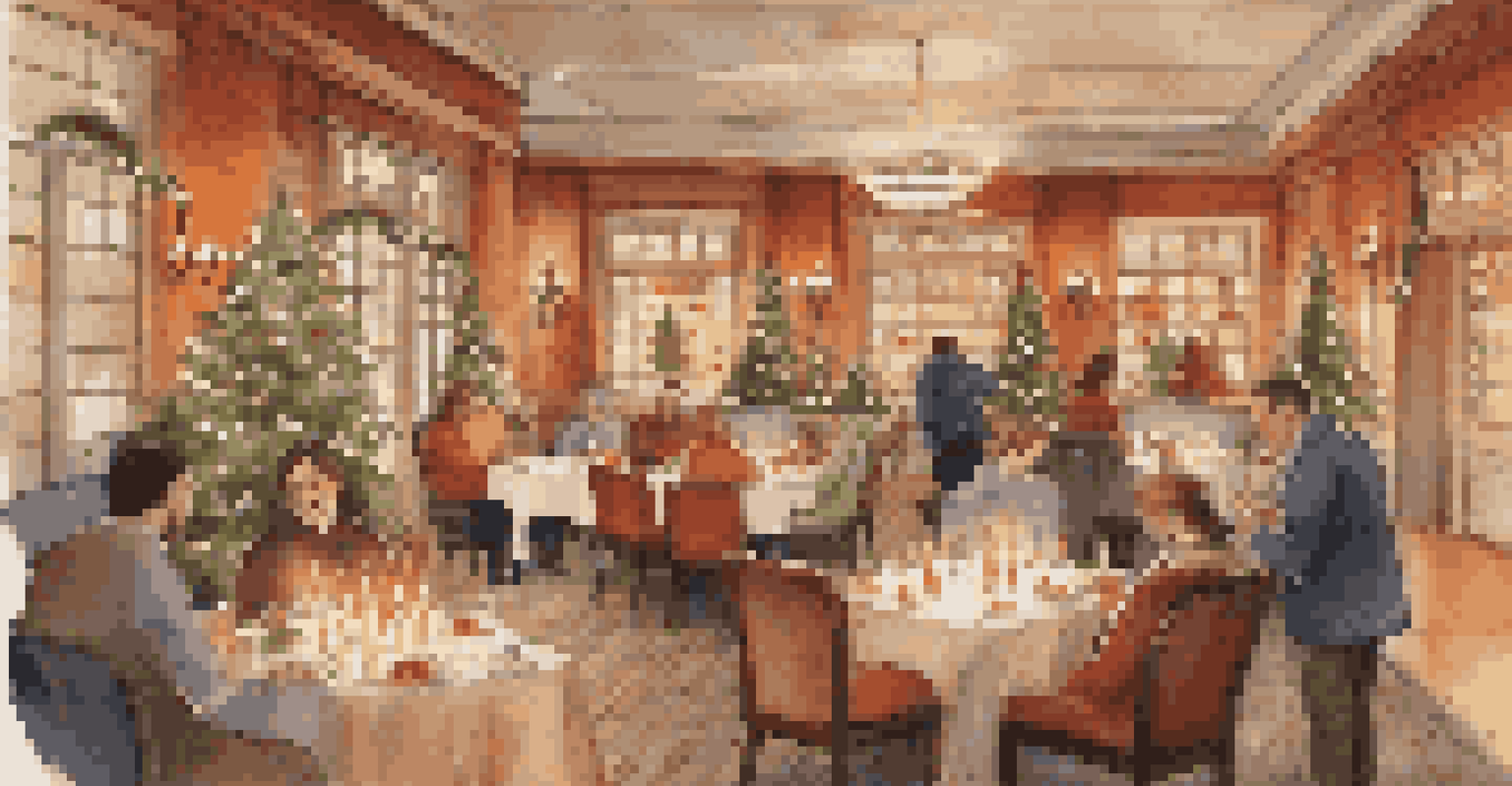 A festive hotel dining area decorated for the winter holidays, featuring cinnamon-scented candles and guests enjoying a meal.