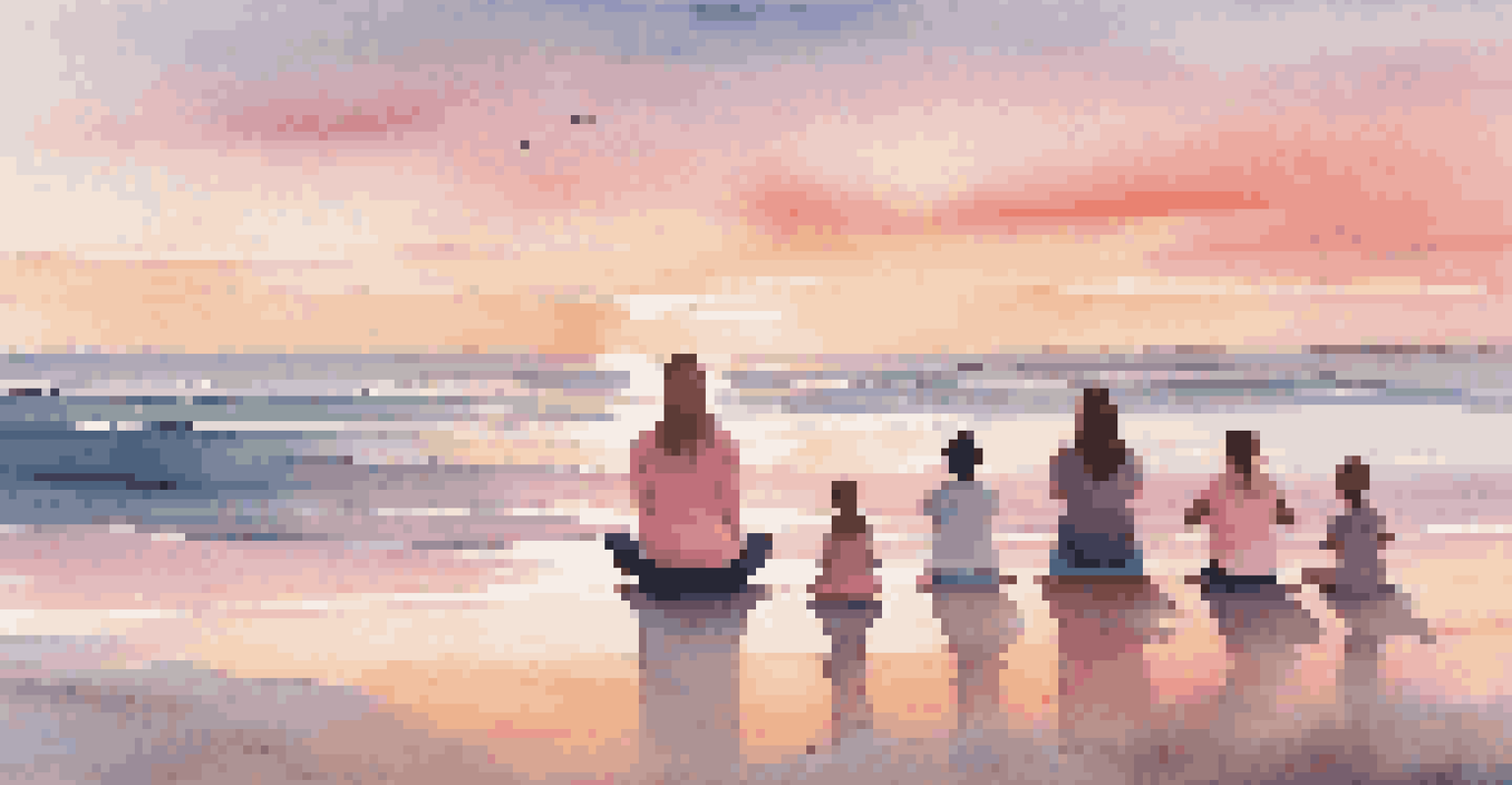 A family practicing yoga on a beach during sunrise, surrounded by soft waves and a colorful sky.