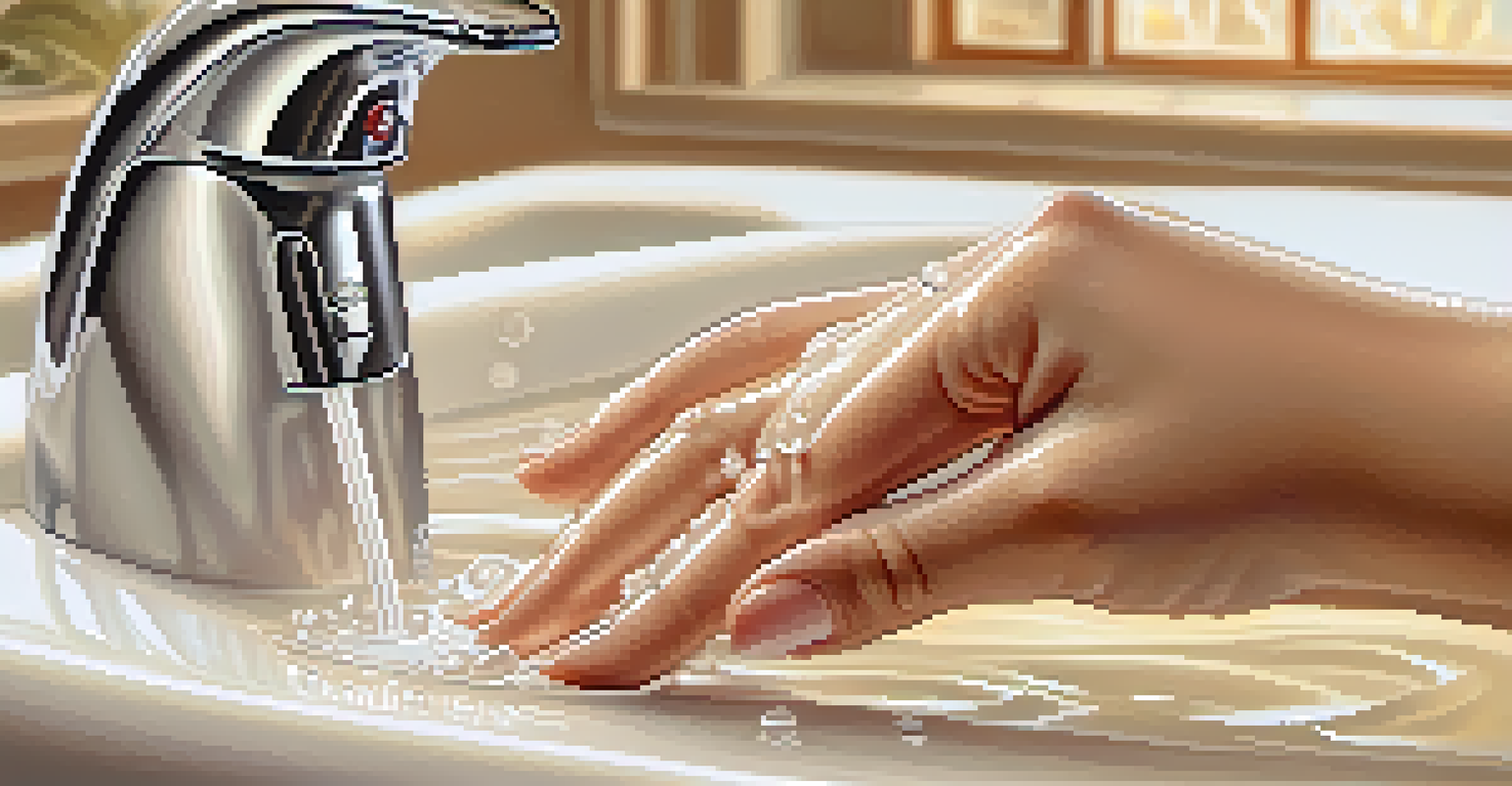 A close-up of a hand applying moisturizer to a glistening arm after a bath, with a softly blurred bathroom background.