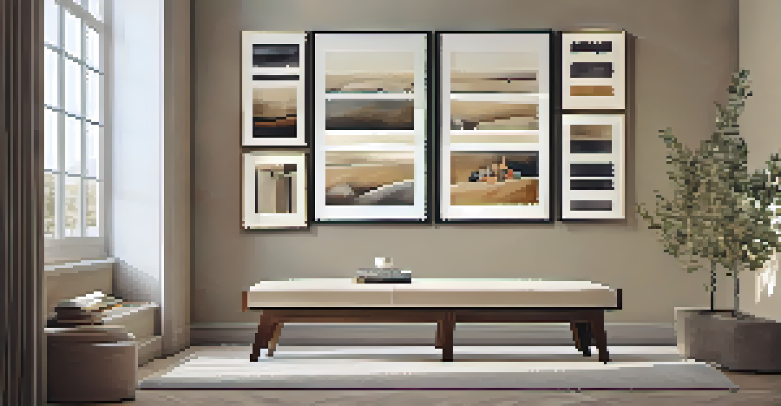 A cozy gallery wall featuring a blend of modern and traditional art, with a bench for viewers to sit and admire the pieces.