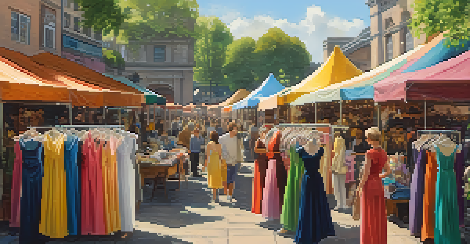 A bustling marketplace with vintage clothing stalls, colorful dresses, and people exploring, all under sunny canopies.