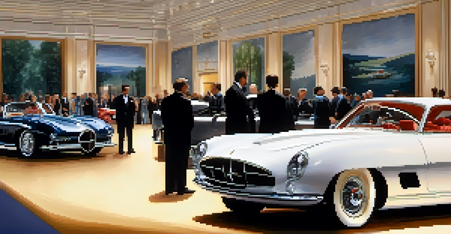 An upscale auto show with luxury cars on display and attendees engaging with designers in a sophisticated setting.